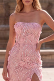 Sparkly Sequins Pink Mermaid Long Strapless Floral Prom Dress with Slit