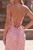 Sparkly Sequins Pink Mermaid Long Strapless Floral Prom Dress with Slit