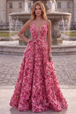 Pink A-Line Spaghetti Straps Long Prom Dress with 3D Flower