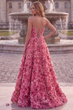 Pink A-Line Spaghetti Straps Long Prom Dress with 3D Flower