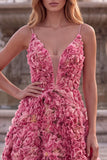 Pink A-Line Spaghetti Straps Long Prom Dress with 3D Flower