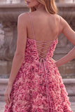 Pink A-Line Spaghetti Straps Long Prom Dress with 3D Flower