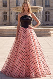 Sparkly Black and Pink Ball Gown Strapless Long Prom Dress with Beading