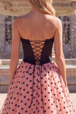 Sparkly Black and Pink Ball Gown Strapless Long Prom Dress with Beading