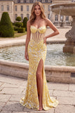 Yellow Sparkly Floral Corset Mermaid Strapless Sequins Long Prom Dress with Slit