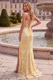 Yellow Sparkly Floral Corset Mermaid Strapless Sequins Long Prom Dress with Slit