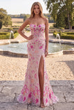 Sparkly Beaded Pink Corset Mermaid Strapless Floral Long Prom Dress with Slit