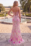 Sparkly Beaded Pink Corset Mermaid Strapless Floral Long Prom Dress with Slit