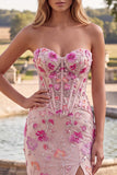 Sparkly Beaded Pink Corset Mermaid Strapless Floral Long Prom Dress with Slit
