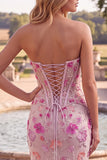 Sparkly Beaded Pink Corset Mermaid Strapless Floral Long Prom Dress with Slit