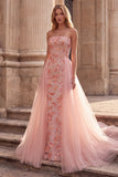 Pink Sheath Strapless Sparkly Beaded Long Floral Prom Dress with Cape