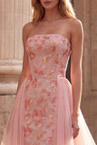 Pink Sheath Strapless Sparkly Beaded Long Floral Prom Dress with Cape