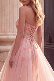 Pink Sheath Strapless Sparkly Beaded Long Floral Prom Dress with Cape