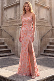 Sparkly Pink Mermaid Spaghetti Straps Floral Long Prom Dress with Slit