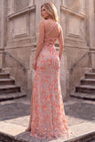 Sparkly Pink Mermaid Spaghetti Straps Floral Long Prom Dress with Slit