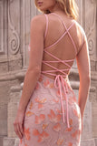 Sparkly Pink Mermaid Spaghetti Straps Floral Long Prom Dress with Slit