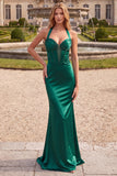Sparkly Dark Green Corset Halter Mermaid Long Prom Dress with Beading