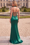 Sparkly Dark Green Corset Halter Mermaid Long Prom Dress with Beading