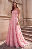 Sparkly Floral Pink Ball Gown Strapless Beaded Long Prom Dress