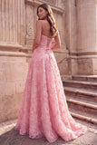 Sparkly Floral Pink Ball Gown Strapless Beaded Long Prom Dress