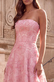 Sparkly Floral Pink Ball Gown Strapless Beaded Long Prom Dress