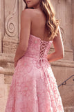 Sparkly Floral Pink Ball Gown Strapless Beaded Long Prom Dress