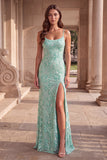 Mint Green Sparkly Mermaid Spaghetti Straps Floral Sequins Long Prom Dress with Slit