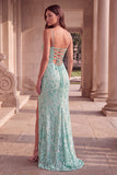 Mint Green Sparkly Mermaid Spaghetti Straps Floral Sequins Long Prom Dress with Slit