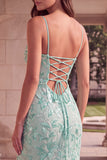 Mint Green Sparkly Mermaid Spaghetti Straps Floral Sequins Long Prom Dress with Slit