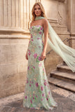 Sparkly Sequins Light Green Mermaid Strapless Floral Long Prom Dress with Neck Scarf