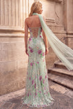 Sparkly Sequins Light Green Mermaid Strapless Floral Long Prom Dress with Neck Scarf