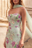 Sparkly Sequins Light Green Mermaid Strapless Floral Long Prom Dress with Neck Scarf