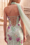 Sparkly Sequins Light Green Mermaid Strapless Floral Long Prom Dress with Neck Scarf