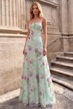 Light Green Sparkly A-Line Spaghetti Straps Floral Long Prom Dress with Sequins