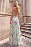 Light Green Sparkly A-Line Spaghetti Straps Floral Long Prom Dress with Sequins