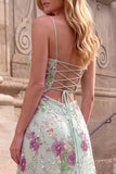 Light Green Sparkly A-Line Spaghetti Straps Floral Long Prom Dress with Sequins