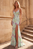 Light Green Sparkly Sequins Mermaid Floral Long Prom Dress with Slit