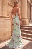 Light Green Sparkly Sequins Mermaid Floral Long Prom Dress with Slit