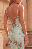 Light Green Sparkly Sequins Mermaid Floral Long Prom Dress with Slit