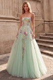 Sparkly Light Green Ball Gown Strapless Floral Long Prom Dress with Sequins