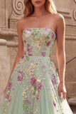 Sparkly Light Green Ball Gown Strapless Floral Long Prom Dress with Sequins
