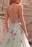 Sparkly Light Green Ball Gown Strapless Floral Long Prom Dress with Sequins