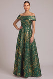 Green A-Line Off the Shoulder Ruched Jacquard Maxi Wedding Guest Dress