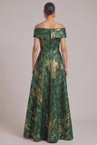 Green A-Line Off the Shoulder Ruched Jacquard Maxi Wedding Guest Dress