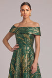 Green A-Line Off the Shoulder Ruched Jacquard Maxi Wedding Guest Dress