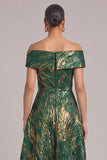 Green A-Line Off the Shoulder Ruched Jacquard Maxi Wedding Guest Dress