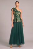 Green One Shoulder Jacquard Pleated Maxi Wedding Guest Dress with Bow