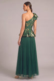 Green One Shoulder Jacquard Pleated Maxi Wedding Guest Dress with Bow