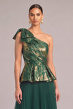 Green One Shoulder Jacquard Pleated Maxi Wedding Guest Dress with Bow