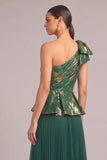 Green One Shoulder Jacquard Pleated Maxi Wedding Guest Dress with Bow